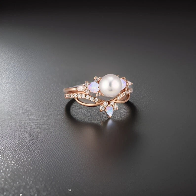 Juego de anillos de compromiso para mujer enchapados en oro de 14K de plata 925 ópalos naturales y perlas Foto 3 de 4