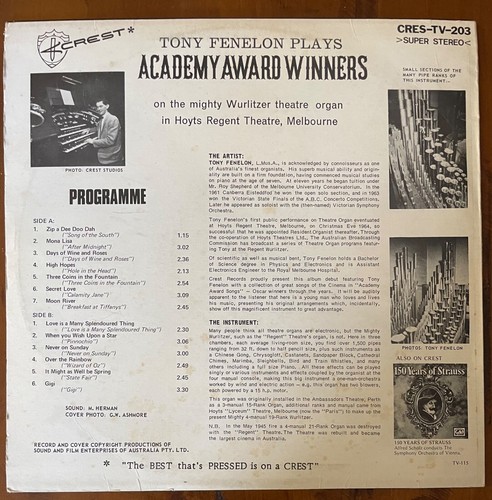 WURLITZER ORGAN PLAYED BY TONY FENELON ACADEMY AWARD WINNERS 12" VINYL FREE POST - Picture 2 of 4