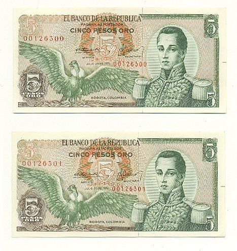 COLOMBIA NOTA $5 1971 PAR DE REPOSICIÓN DE REPUESTO PAREJA MUY RARO SIN CIRCULAR - Imagen 1 de 1