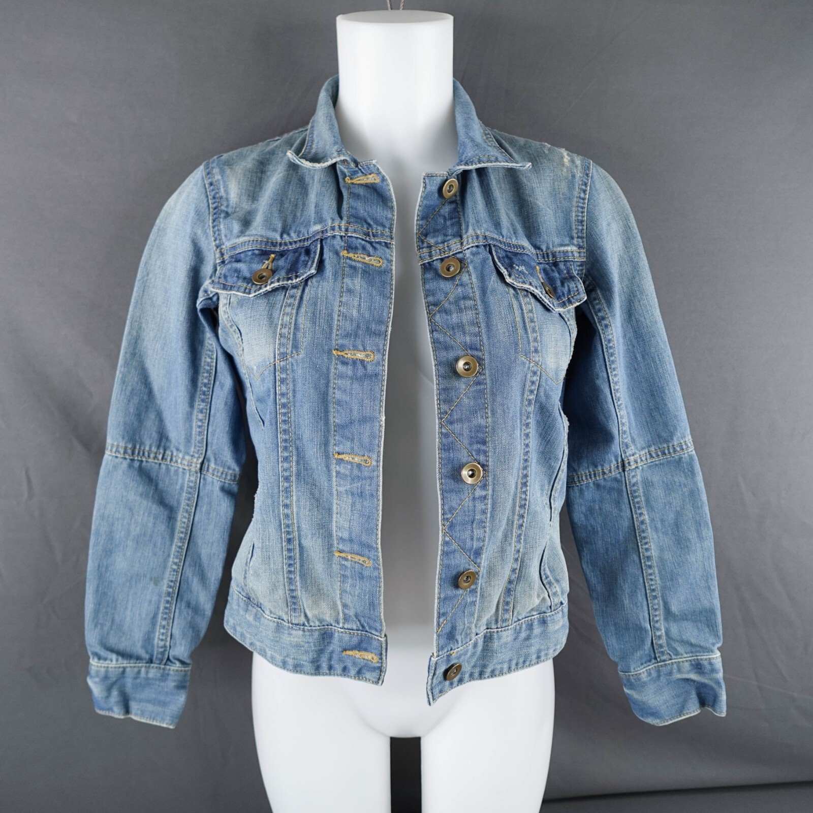 Womens Denim Jacket Small Blue Distressed Rock Grunge Y2K Style Western-image