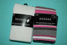 Girls 2 PAIR LOT TIGHTS Heavyweight Cotton GRAY PINK STRIPE Solid White 12-14