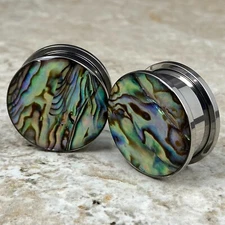 Pair of Screw on Embedded Abalone Plugs gauges 16g thru 1 inch