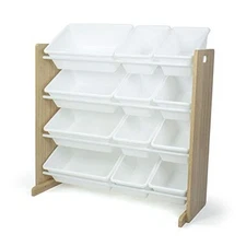  Kids Toy Storage Organizer with 12 Plastic Bins – Natural Wood/White Tall