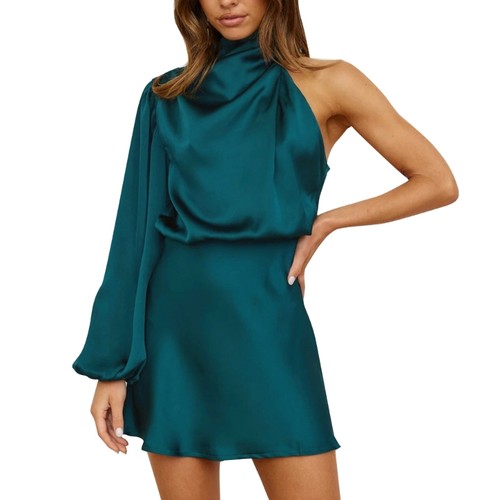 Women s Satins One Shoulder Long Sleeve Wrap Bodycon Cocktail Party Mini Dress - Picture 3 of 31