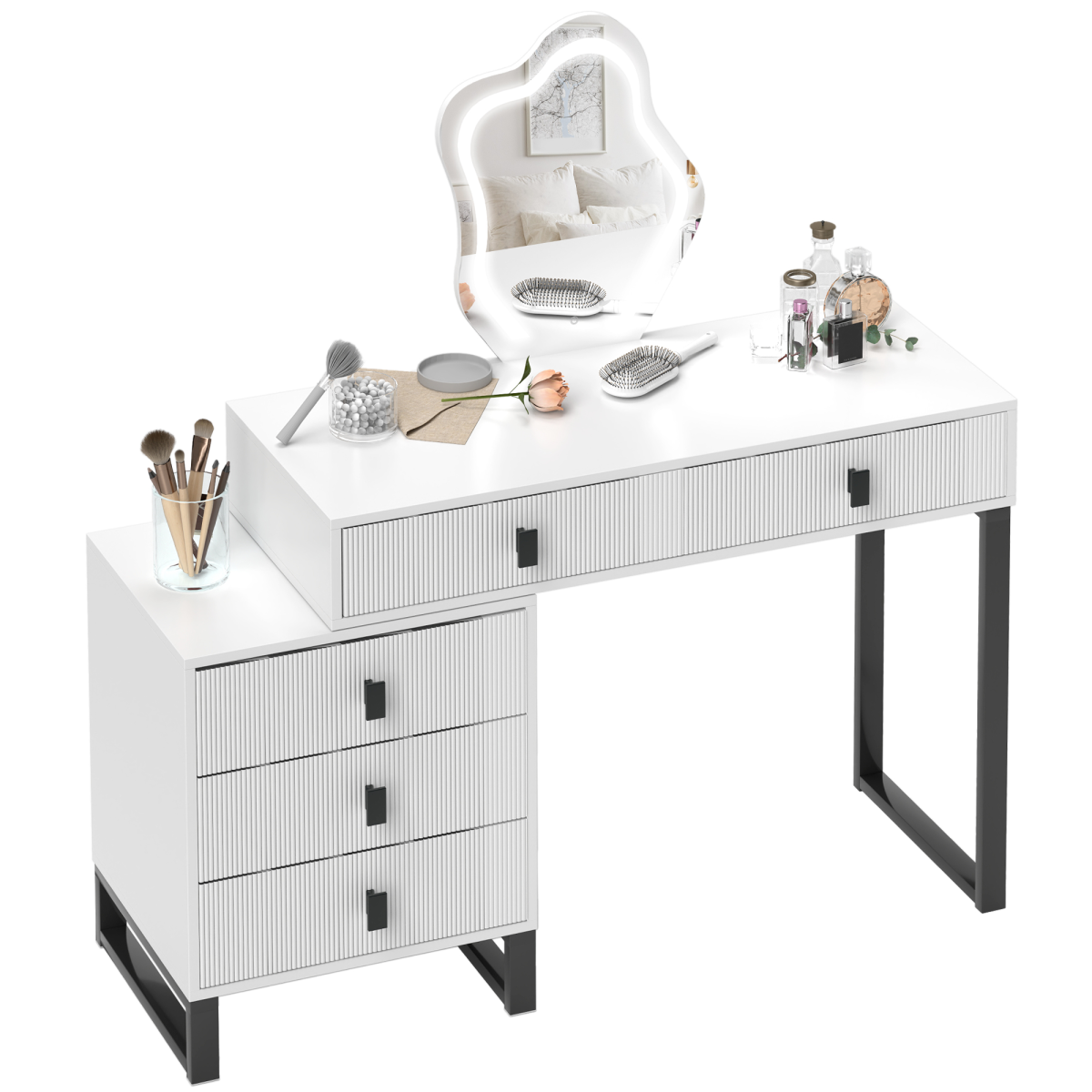 Rackhams White Dressing Table, Vanity Desk With Leaf Shape Mirror, Makeup Table With 5 Drawers, 3-Colour Led Lights, 100X40cm Tabletop, - Image 2