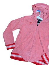 NWT Umbro Girl Large 10/12 Hooded Track Jacket Pink Red Trim Terry Logo Full Zip