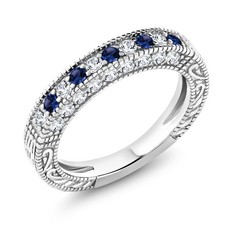 Blue and White Created Sapphire Wedding Band Ring For Women  925 Sterling