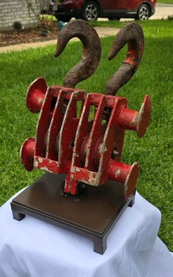#ad Red Metal Pulley Block Double Sheave Hook Farm Barn Tool Art Display Equipment $250.00