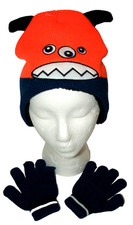 Cute Knit Orange Monster Winter Cap Glove New Toddler Infant Blue Mitten Hat Set