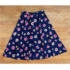 Vintage Floral Print Skirt Size XS 25" Waist 1980s Navy Blue Rayon Full A-Line