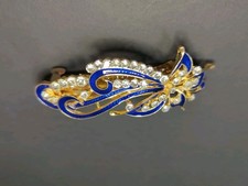 Vintage Gold Tone Rhinestone Blue Enamel Wedding Hair Barrette