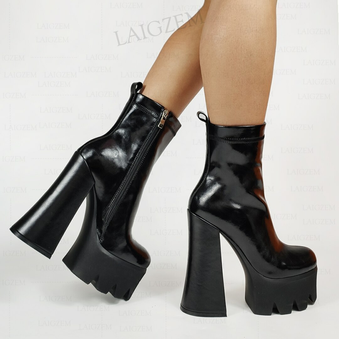 Ankle Boots Natural Leather Platform Side Zip Up Chunky Thick High
