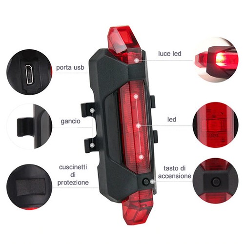 LUCE BICI A 5 LED ROSSO FANALE FARETTO FANALINO POSTERIORE USB WATERPROOF - Foto 8 di 8