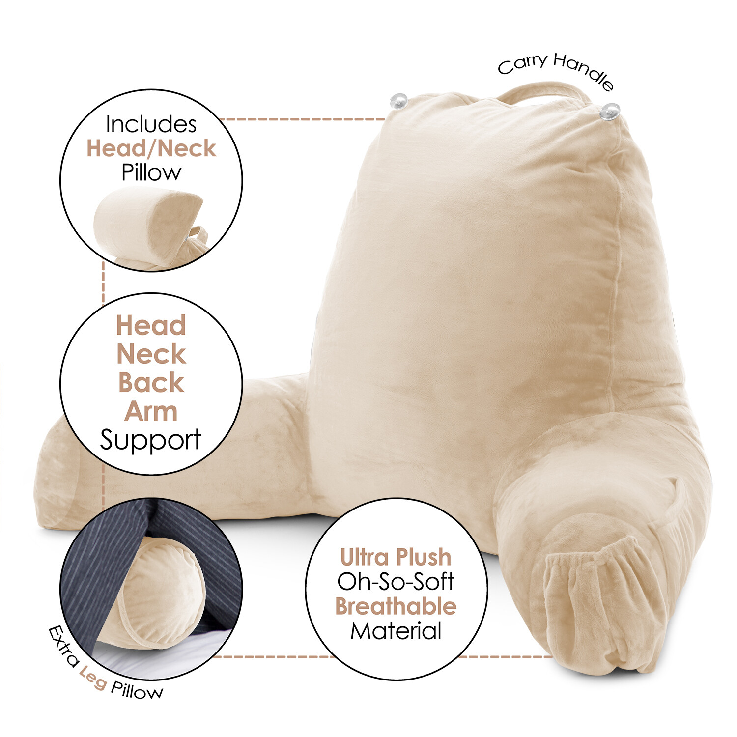 Large Soft Foam Reading & TV Relax Pillow + 2 Neck & Lumbar Pillows with Pockets - Picture 28 of 357