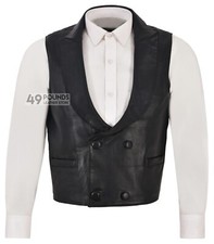 EDWARDIAN Men's Leather Waistcoat Fabric Back Black Steampunk Real Lambskin 3281