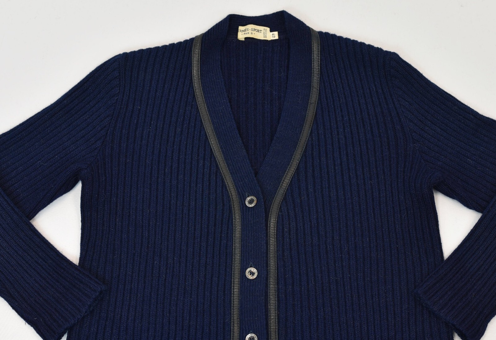 Vintage Hermes Sport Navy Blue Wool Mohair Black Leather Trim Cardigan Sweater image 3