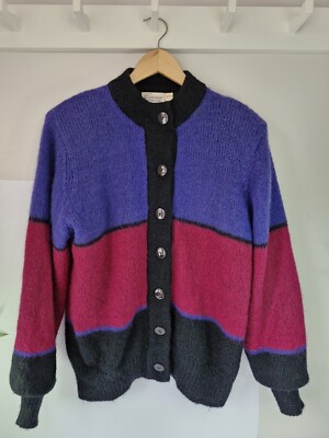 Vintage 80er Mohair Colour Block Strickjacke Schulterpolster Oversize Gr 36 10-12