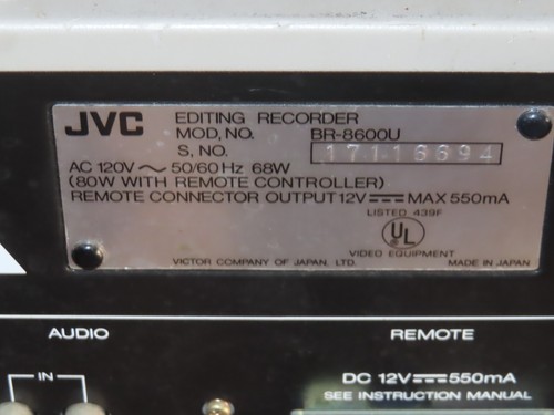 JVC BR-8600-U VHS PRO EDITING VIDEO RECORDER ** NO REMOTE ** - Picture 6 of 8