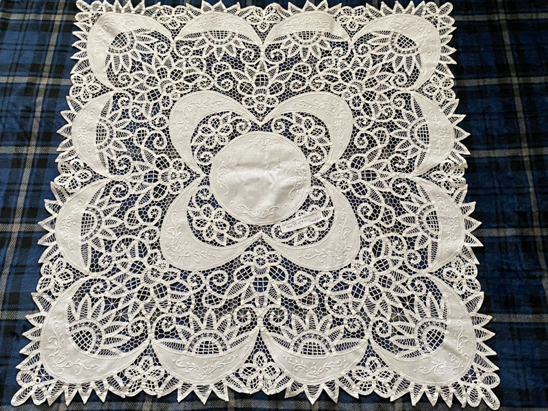 Battenberg Tablecloth Centerpiece with Hand-Mace Embroidered Lace - 35" square