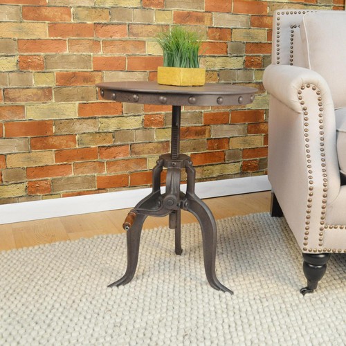 Industrial Iron Steampunk Round Bistro Accent Side Table Adjustable Height Crank