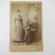 Cabinet Card Photograph Young Man Sits Young Lady Stands at Table Antique 1880s