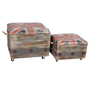 Sitzkisten Set Vintage Weinkiste Rolltruhen mit Kunstleder-Sitz Retro