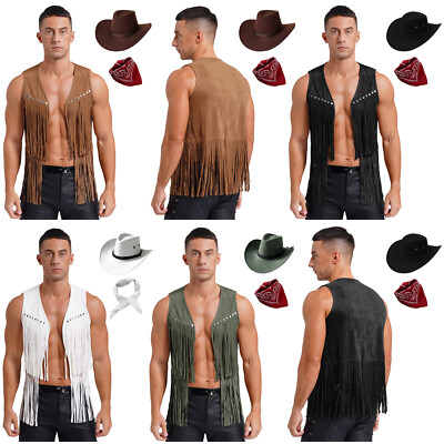 Cowboy Kostüm Herren Quaste Weste Top mit Cowboyhut Halstuch Karneval Halloween