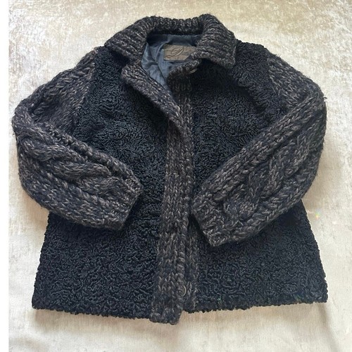 Vintage Persian lamb cable knit sleeves wool jacket coat vest black woman SZ L - Picture 14 of 24