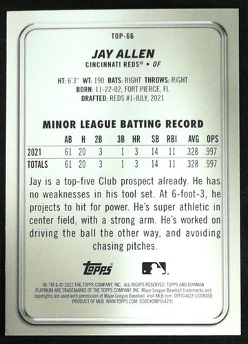 2022 Bowman Platinum Jay Allen #TOP-66 BASEBALL Cincinnati Reds Top Prospects - Picture 2 of 2