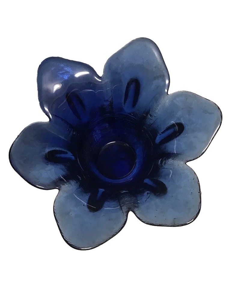 Cobalt Blue Recycled Art Glass Lotus Flower Vase Candle Holder Made in