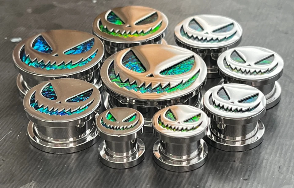 PAIR Scary Jack-O-Lantern Opal Glitter Screw Fit Tunnels Ear Plugs Earlet Gauges - Image 2 of 4