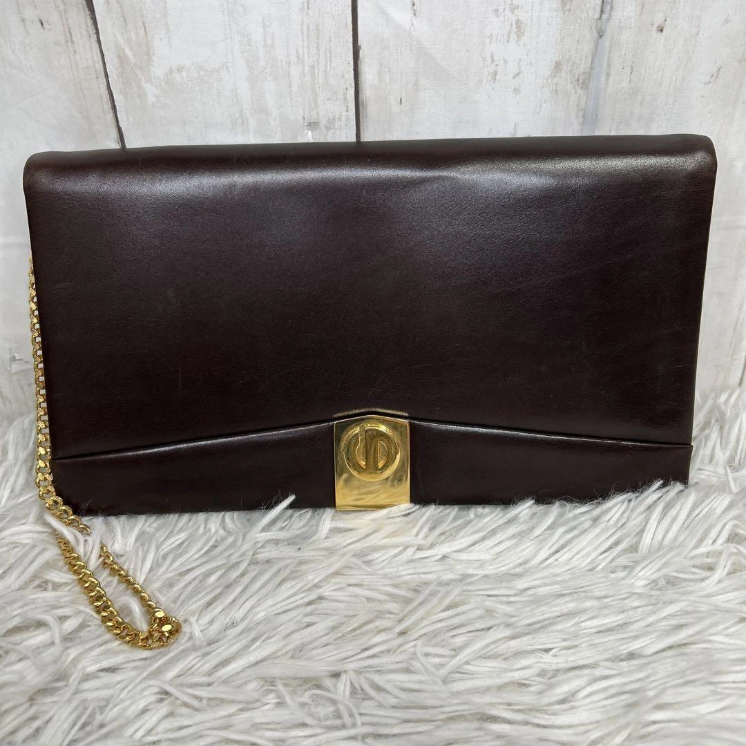 CHRISTIAN DIOR Logo CD Chaîne 2 Voies Sac Bandoulière Pochette Sac Cuir Marron