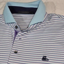 GREYSON GOLF POLO SHIRT MENS LARGE LIGHT BLUE STRIPES LANDINGS LOGO EXCELLENT