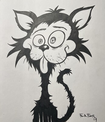 Crazy Black Cat Kitty Original Drawing Art By Frank Forte RARE!