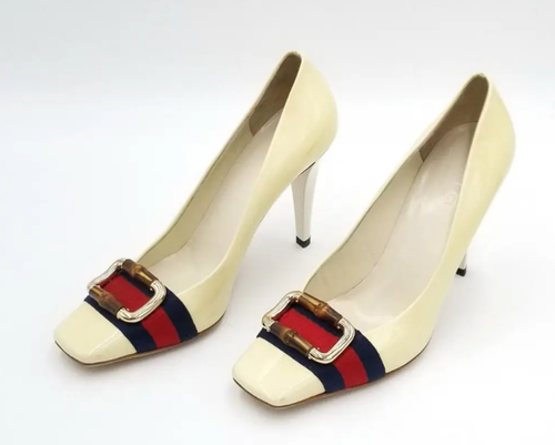 Gucci Cream Patent Leather Bamboo Green & Red Stripe Pumps Size US 6.5 - Picture 3 of 11