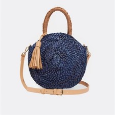 Vineyard Vines Braided Straw Circle Crossbody Bag In Blue/tan/gold