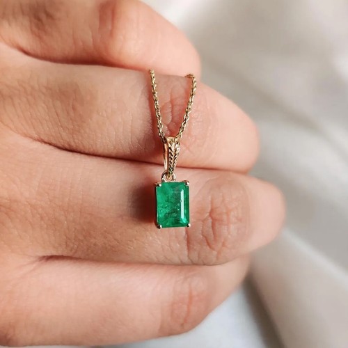 Emerald Solitaire Necklace Solid 14k Yellow Gold Pendant May Birthstone Gift - Picture 4 of 5
