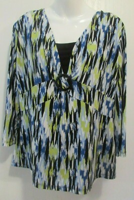 Macy s JM Collection Sz XL Blue/Lime/Black Abstract Empire Top #154