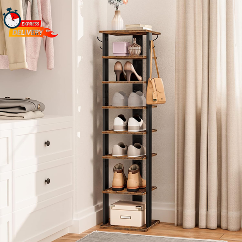 8 Tiers Vertical Shoe Rack, Wooden Shoe Storage Organizer with Hooks, Narrow Sho - Picture 2 of 12