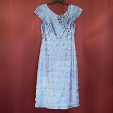 London Times Shimmering Metallic Blue Tiered Sheath Evening Dress Size 6