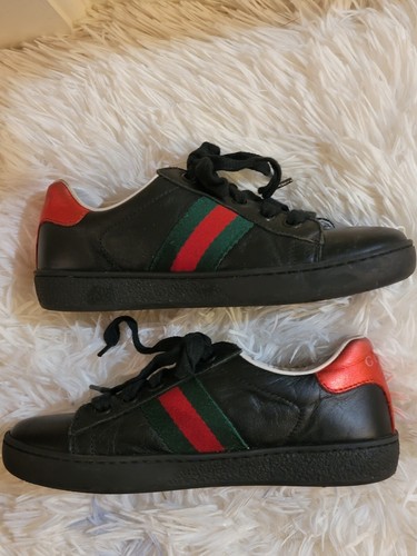 GUCCI KINDER JUNGEN ACE LEDER SNEAKER STIL 433148 SCHWARZ ROT GRÜN GR. 29 US 12