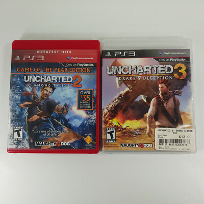 PS3 Uncharted 2 & 3 Among Thieves & Drakes Deception PlayStation 3 Complete Lot