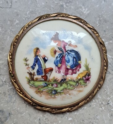 Antik Porzellan Limoges France Frankreich Brosche Pin mit goldfarbener Fassung