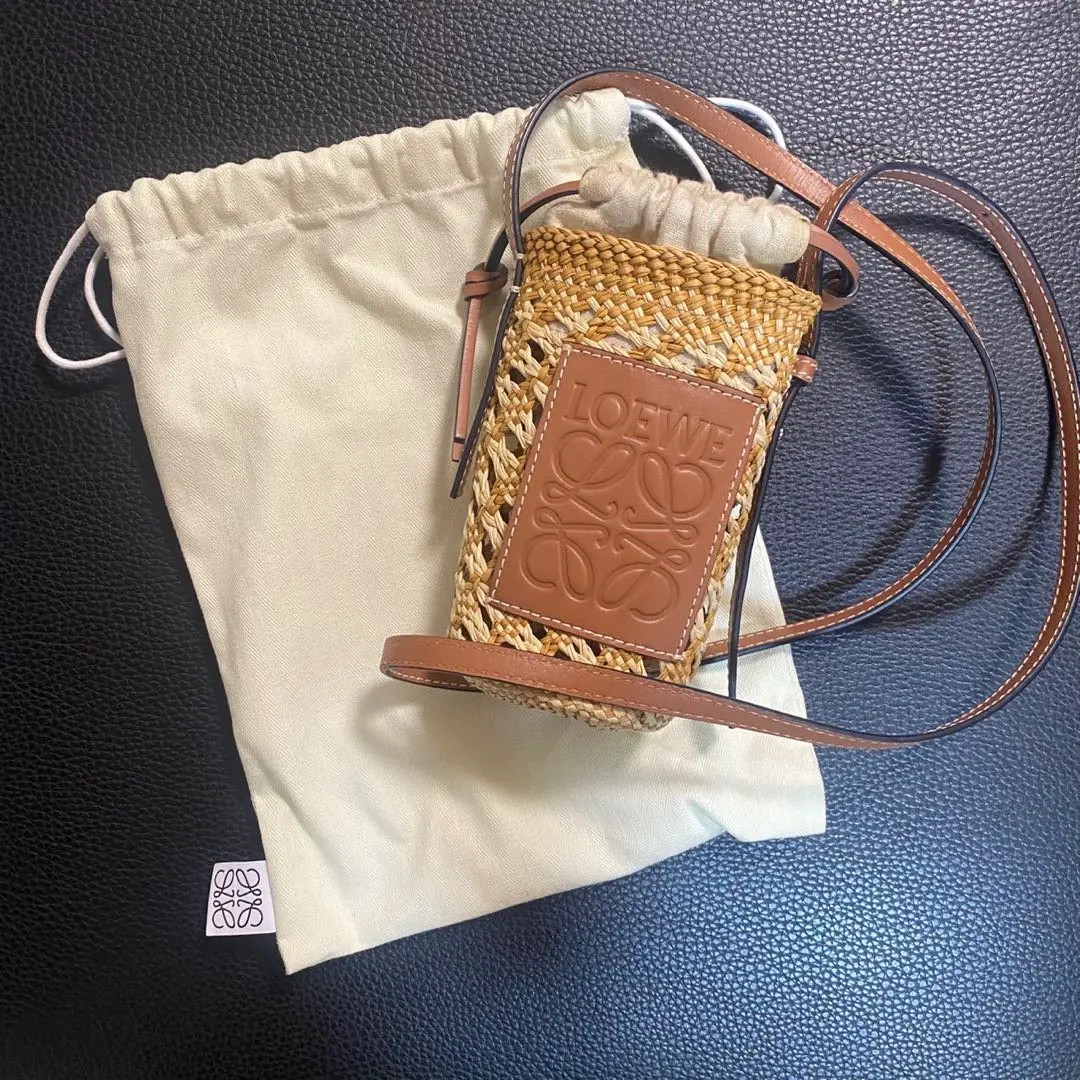 LOEWE Raffia Shoulder Bag Mini Basket anagram Leather Brown Used