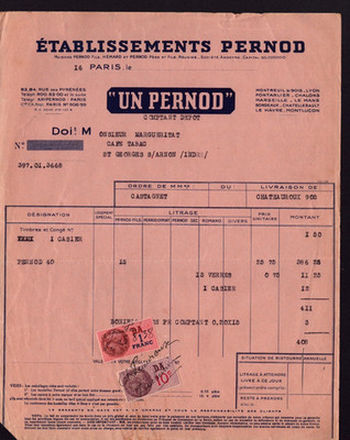 Depot von CHATEAUROUX (36) DISTILLERIE ''PERNOD'' Rechnung 1938