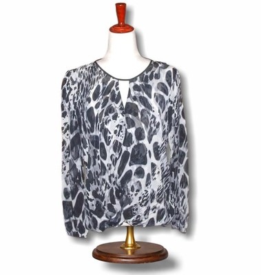 ST JOHN Women's sz 6 Animal Print Blouse Black White Spot Leopard Cheetah Wrap