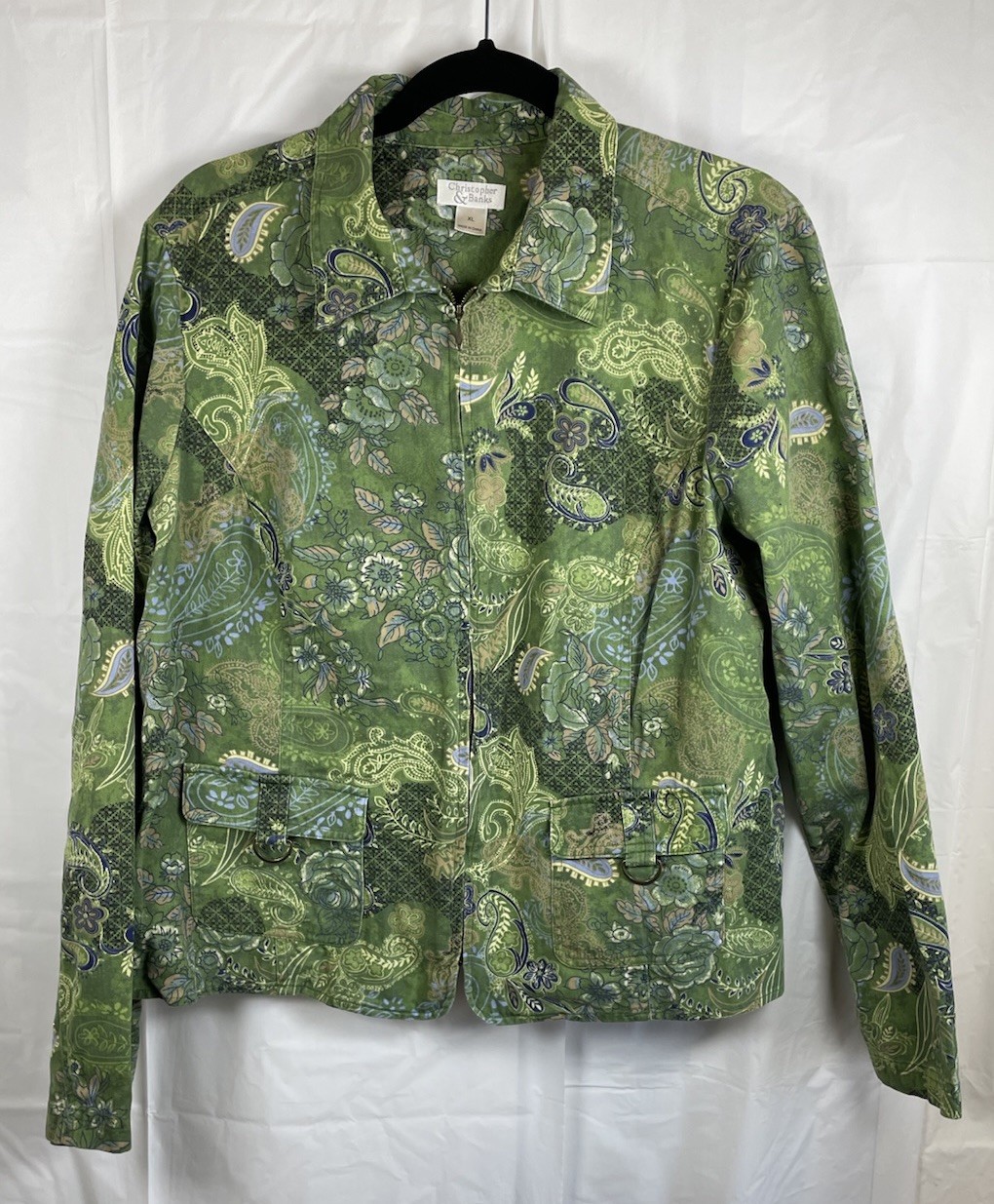 Christopher & Banks Green Paisley Floral Zip Front Jacket Women’s XL 100% Cotton