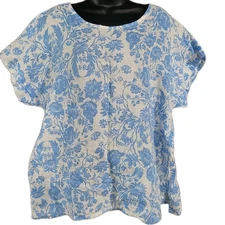 Bellambra 100% Linen Floral T-Shirt Top Size L Oversize Boxy Blue/White Beach
