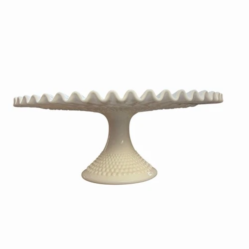 Vintage White Milk Glasss Pleated Border Low Footed Cake Stand 13”