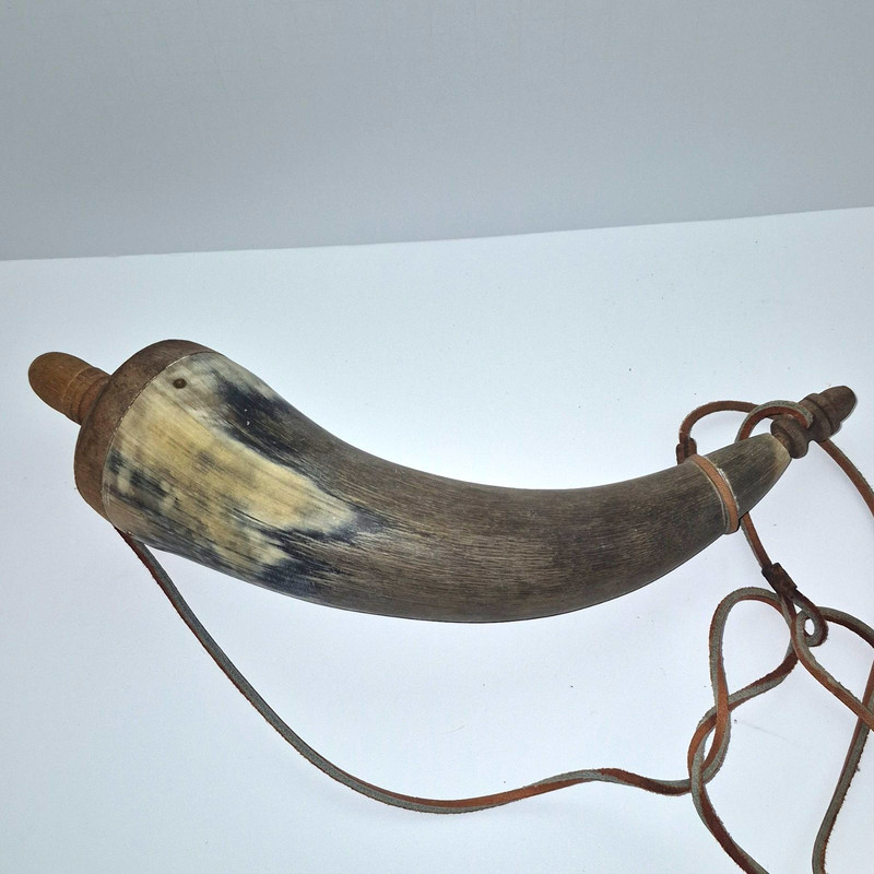 Vintage Black Powder Powder Horn Flask w/ Wood End Plugs Leather Strap